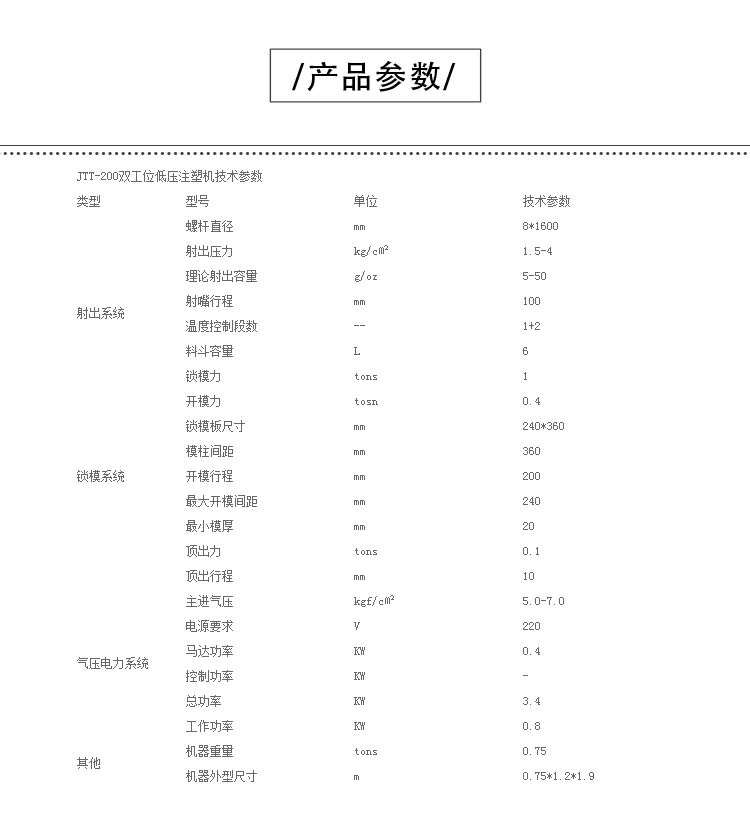 JTT-200产品参数